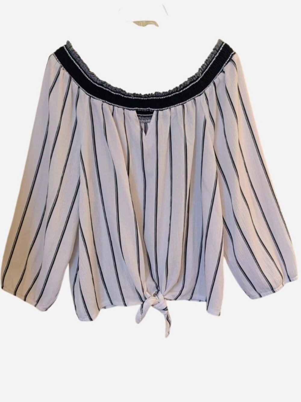 No Boundaries White & Navy Striped Off-Shoulder Tie-Hem Top Size 3XL